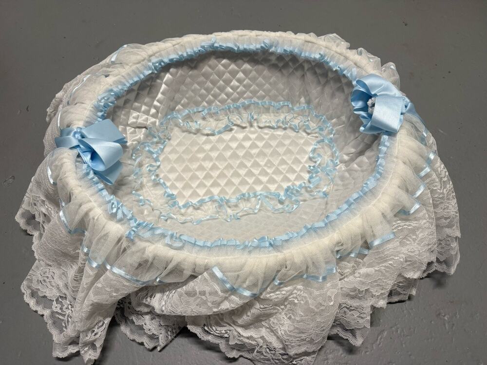 Vintage Baby Bassinet Basket White Lace Satin Blue Bows Wicker Nursery Decor
